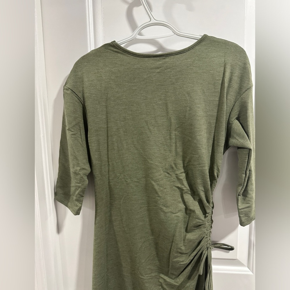 NWT A New Day Three Quarter Sleeve Olive Heather Ruched Tie Waist Dress - Picture 3 of 13